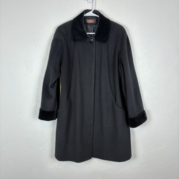 Vtg Alorna Wool Over Coat USA Black Velvet Hidden Buttons Women Large Lined Mid - Picture 1 of 16